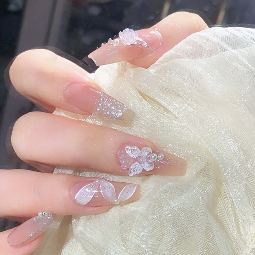 Pink Long Coffin Press On Nails With Butterfly Design, Reusable Full Cover Fake Nails Set 24Pcs