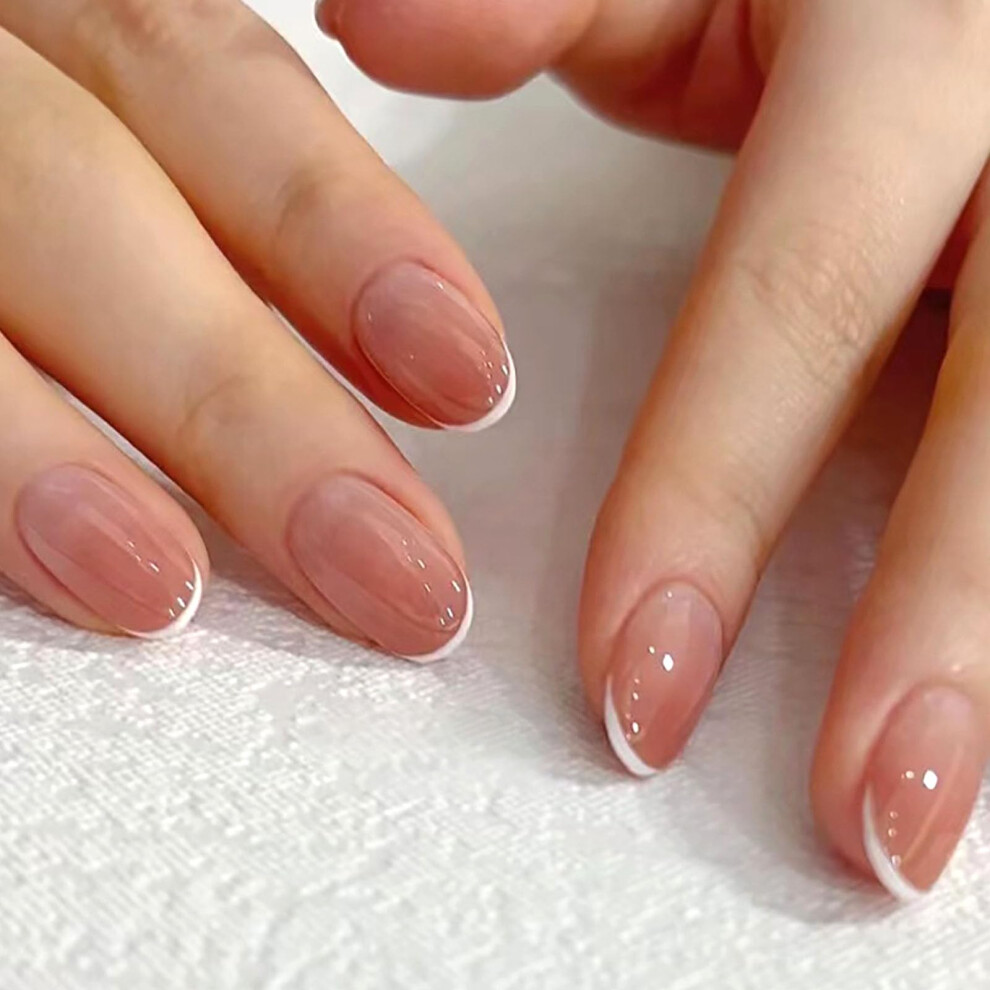 White French Tip Press On Nails Short Round Gradient Fake Nails With Glue And Jelly Strips 24Pcs
