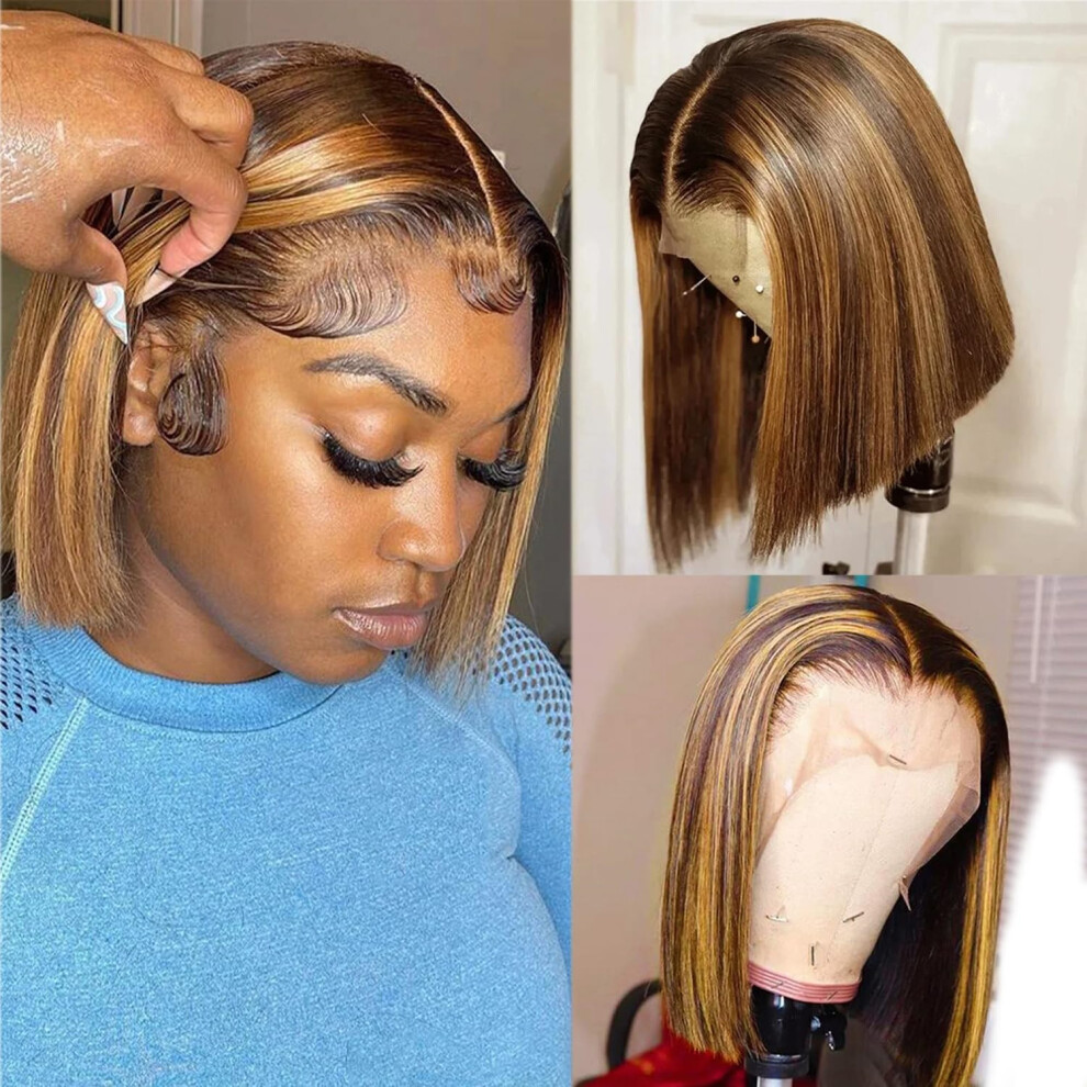 Honey Blonde Bob Wig Human Hair 13x4 HD Lace Front, Ombre Brazilian Virgin Hair 8 Inch 180% Density