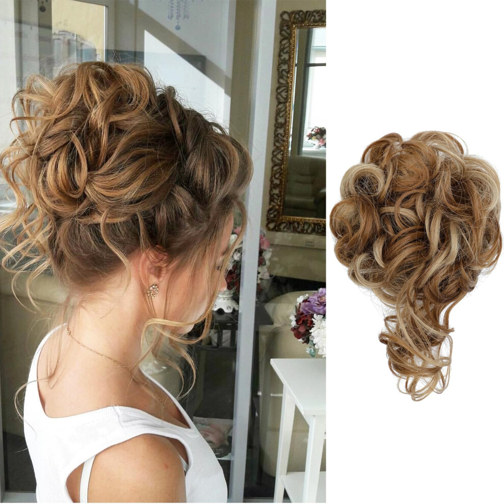 Unisex Brown Messy Bun Hair Piece With Curly Chignon Extension For Women Ash Blonde Mix Ginger