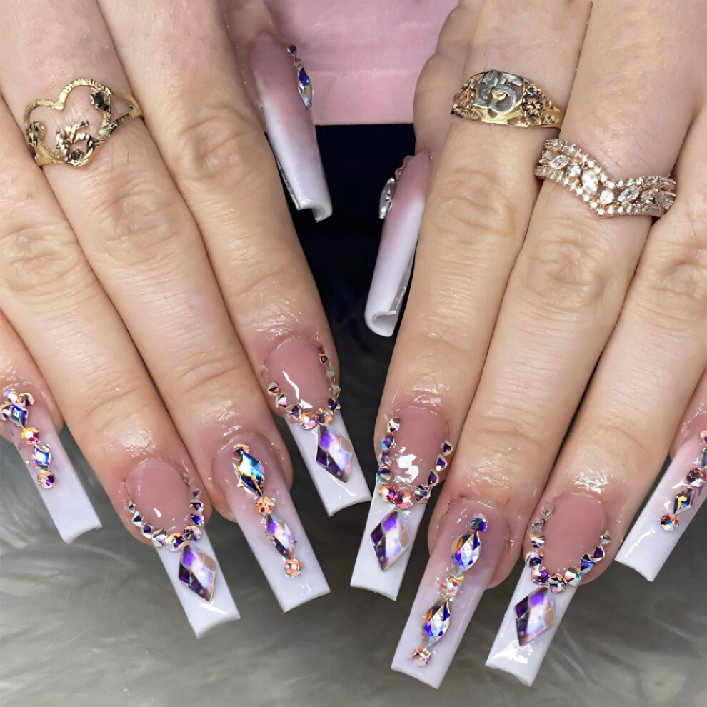 Long Coffin Press On Nails Pink with Rhinestone French Tips Easy Application for Women