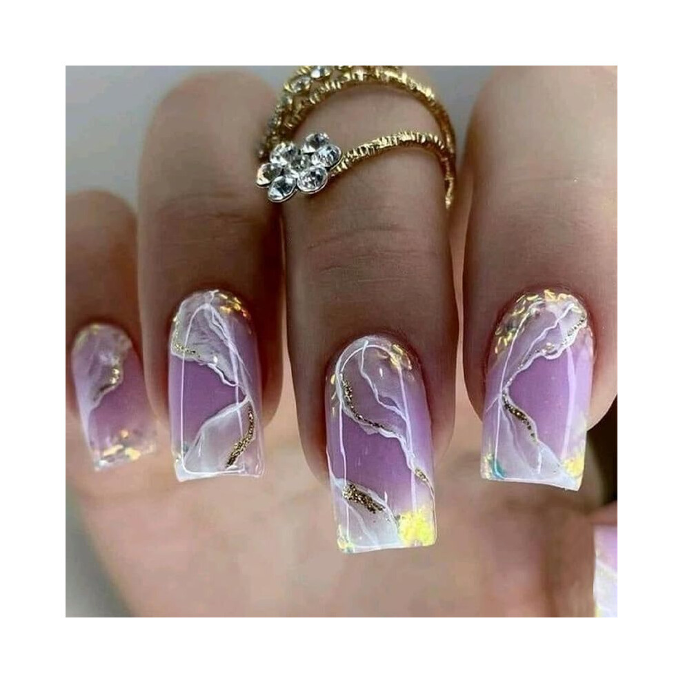 Purple Reusable Coffin Press On Nails With Glue Gradient French Acrylic Stick On Nails Set