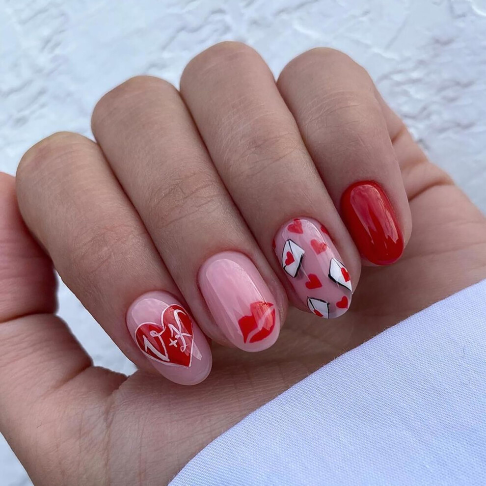 Red Valentine's Day Heart Press On Nails, Short Glossy Acrylic False Nails For Women, Reusable