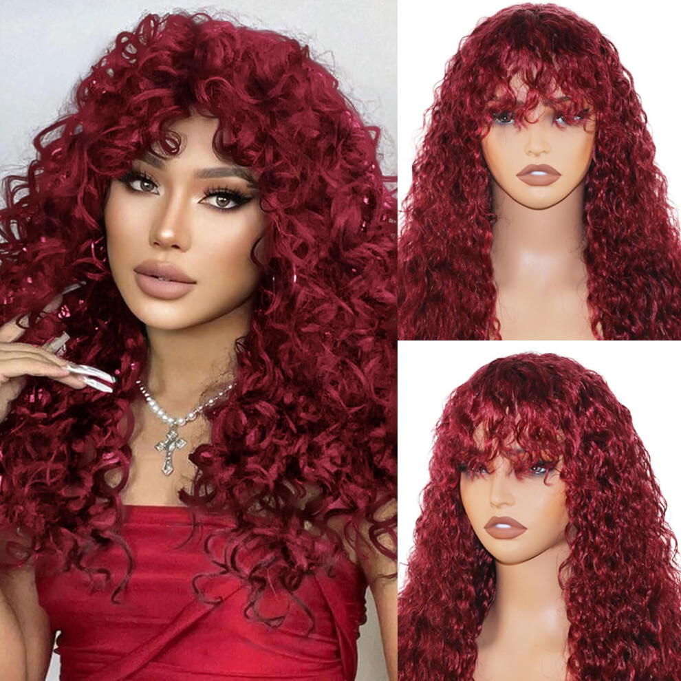 Unisex Brazilian Virgin Human Hair Deep Wave Wig With Bangs 22 Inch 99J Color Glueless Nonlace Front