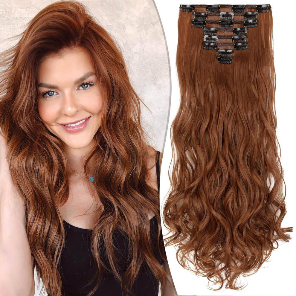 Unisex Red Clip In Hair Extensions 24 Inch Light Auburn Long Wavy Synthetic Double Weft For Instant Volume