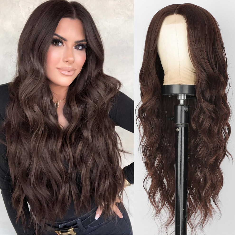 Unisex Brown Wig For Women Long Chocolate Wavy 26 Inch Synthetic Heatresistant Lace Hairline
