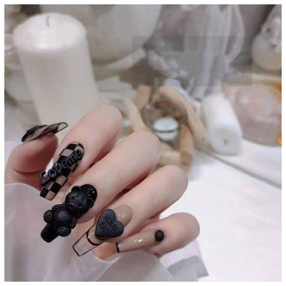 Long Coffin Press On Nails Set with Custom Bear Design, SalonQuality Glossy Reusable Gel Kit