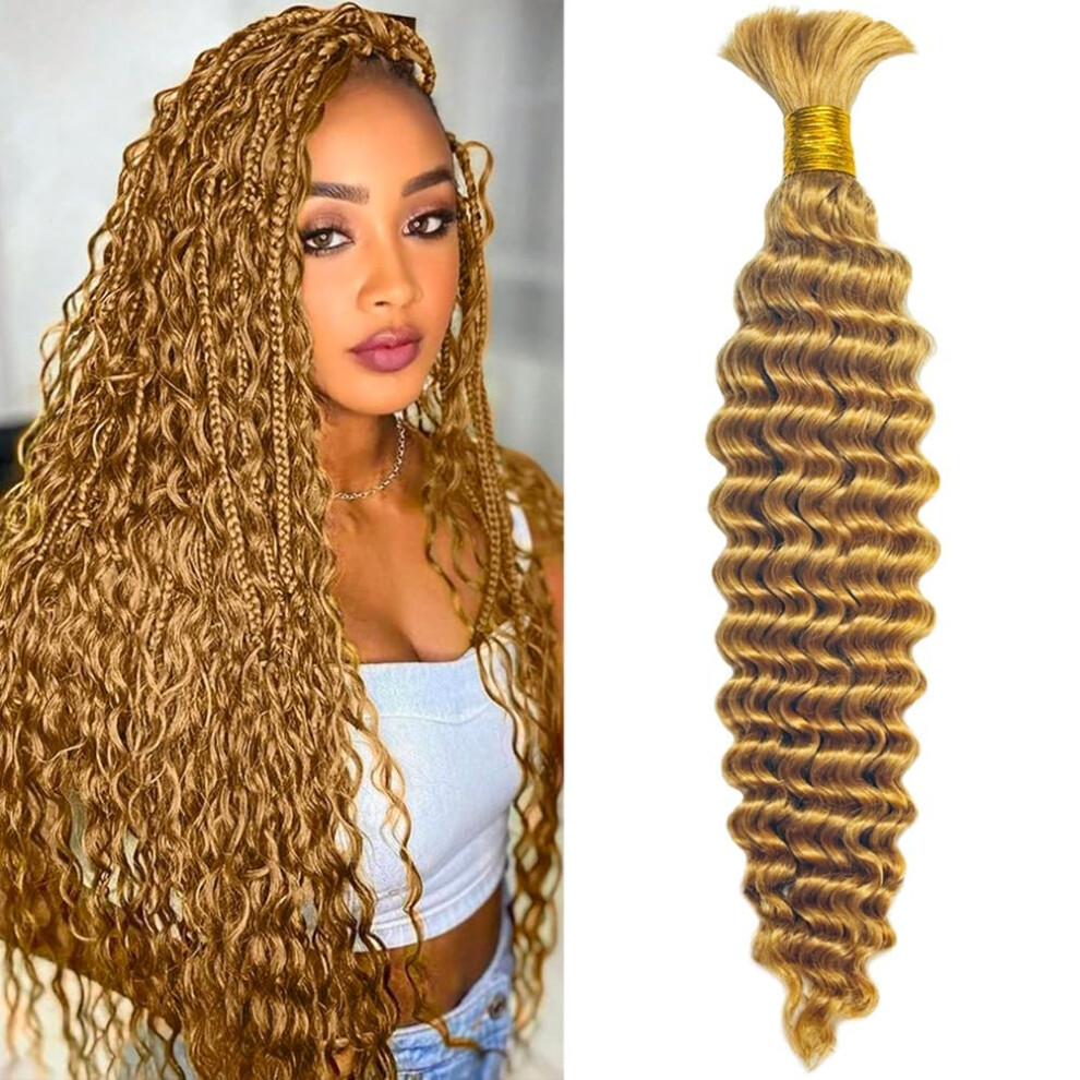 Unisex Honey Blonde Deep Wave Human Braiding Hair 27# 28Inch, Virgin Hair Extensions No Weft, Tangle, Dye Ready