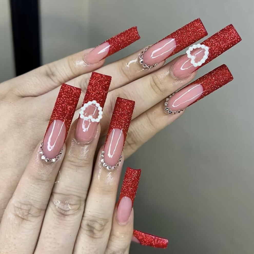Valentine Press On Nails Coffin Shape with French Tip Heart Rhinestones Long Reusable Tips