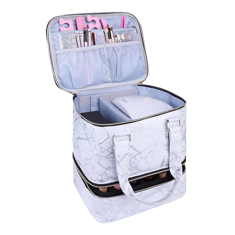 White Nail Polish Organizer Case Dual Layer Storage With Lamp Compartment Large Capacity