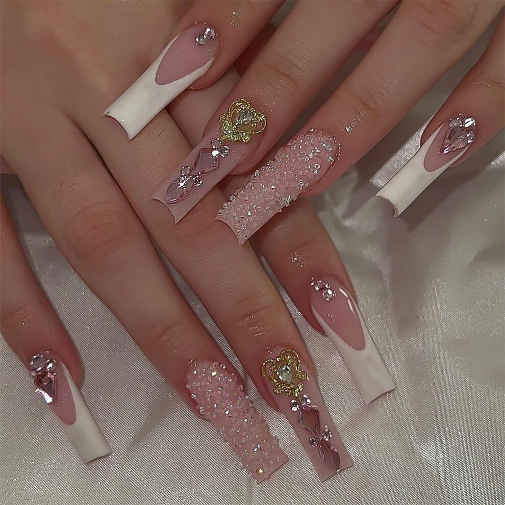 Long Square French Tip Press On Nails with Heart Rhinestone, Reusable Acrylic False Nails 24Pcs
