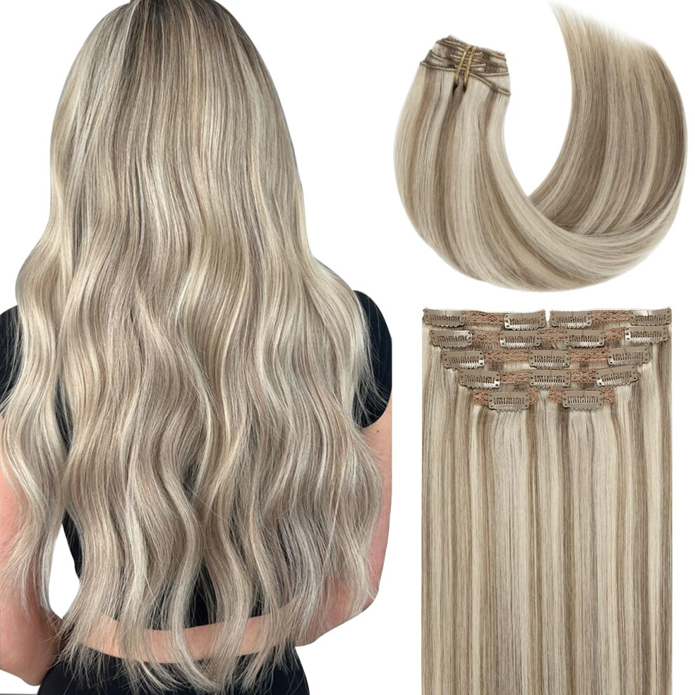 Unisex Clip In Human Hair Extensions 18 Inch 120G 7Pcs Remy For Instant Length And Volume Blonde Highlights