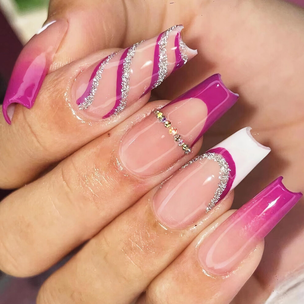 Purple Long Coffin Press On Nails With Glue Glitter Rhinestone Ballerina Acrylic Fake Nails Set