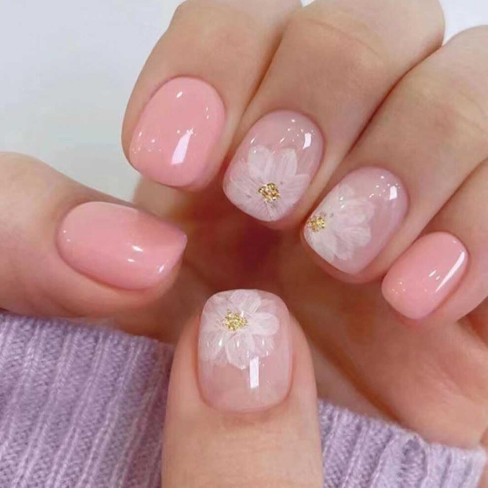 Pink Flowers Press On Nails Square French Tip Fake Nails Glossy Acrylic 24Piece Reusable Set