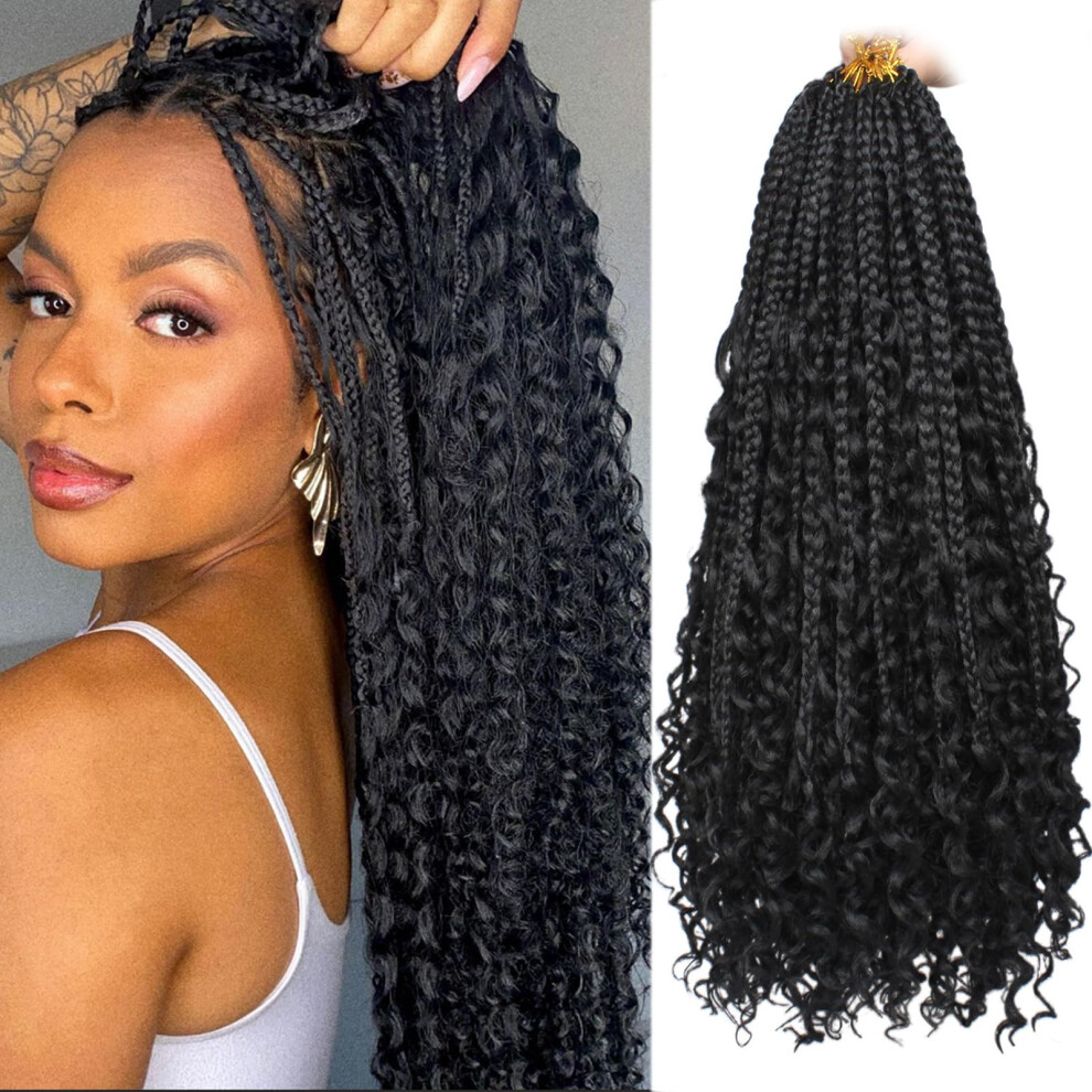 Boho Box Braids Crochet Hair 16 Inch Black Goddess Box Braids with Curly Ends 8 Packs 1B#