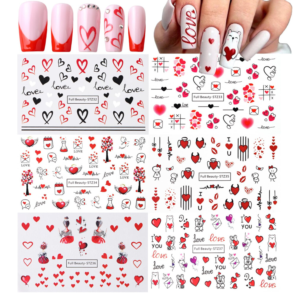 Valentines Day Nail Stickers Cute Bear and Heart Water Transfer Decals 6 Sheets Nail Art Supplies