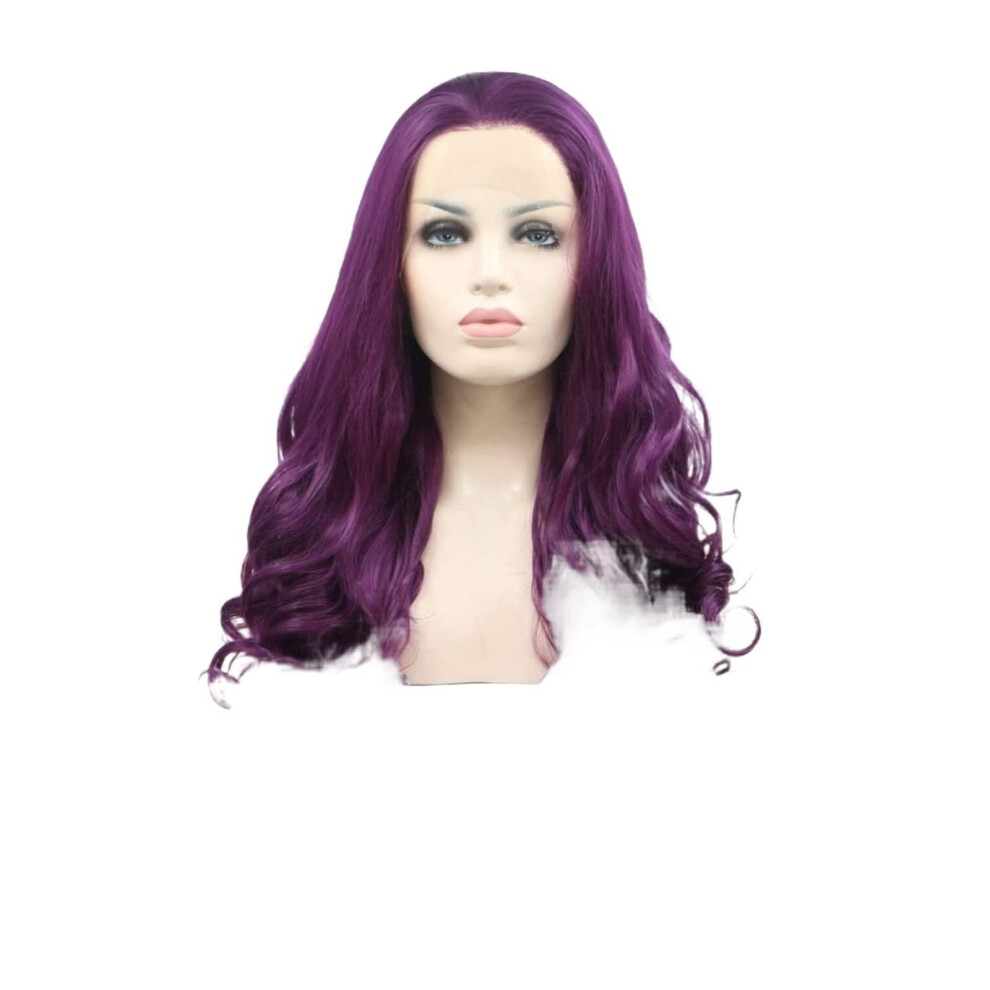 Unisex Purple Human Hair Lace Front Wig Shoulder Length Bright Wavy Bob Glueless Natural Hairline