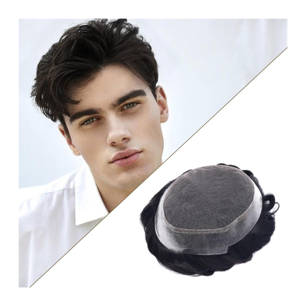 Men's Human Hair Toupee 6x8 Swiss Lace and Skin PU Base Natural Hairline Black 1B Short Wig