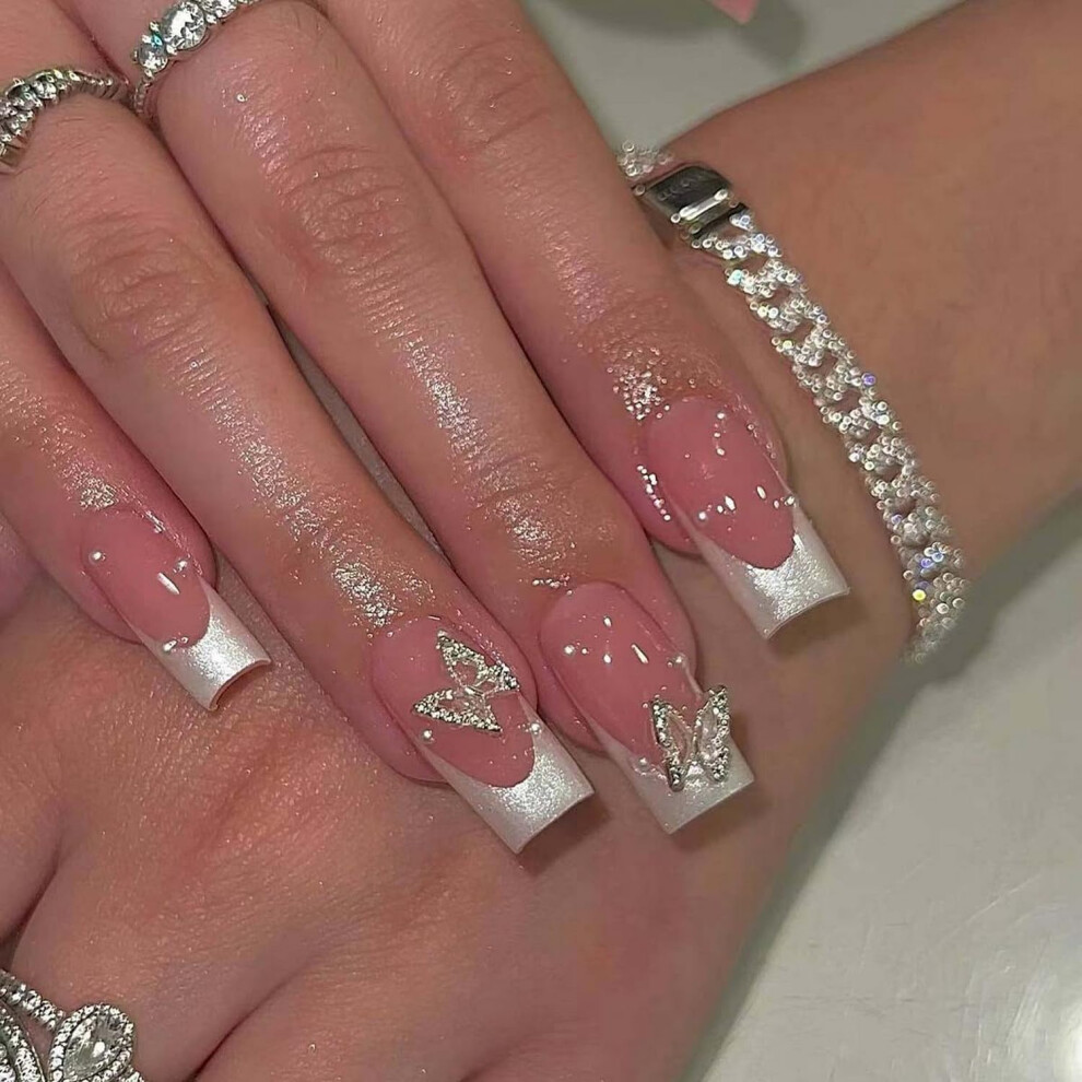 White French Tip Press On Nails Long Square Acrylic Butterfly Charm Pearl Accent Reusable