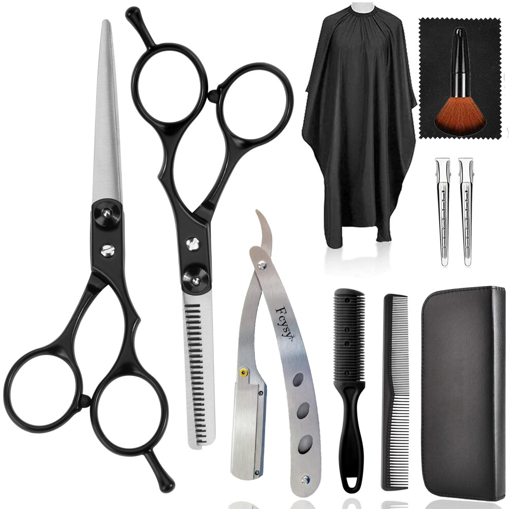 Black Professional Hair Cutting Scissors Set With Thinning Shears, Precision Blades, Ergonomic Grip, 11Pcs