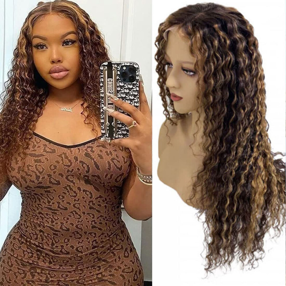 Unisex Brazilian Curly Wave Human Hair Wig 24 Inch Glueless 4X4 Swiss Lace Closure 150% Density P4/30