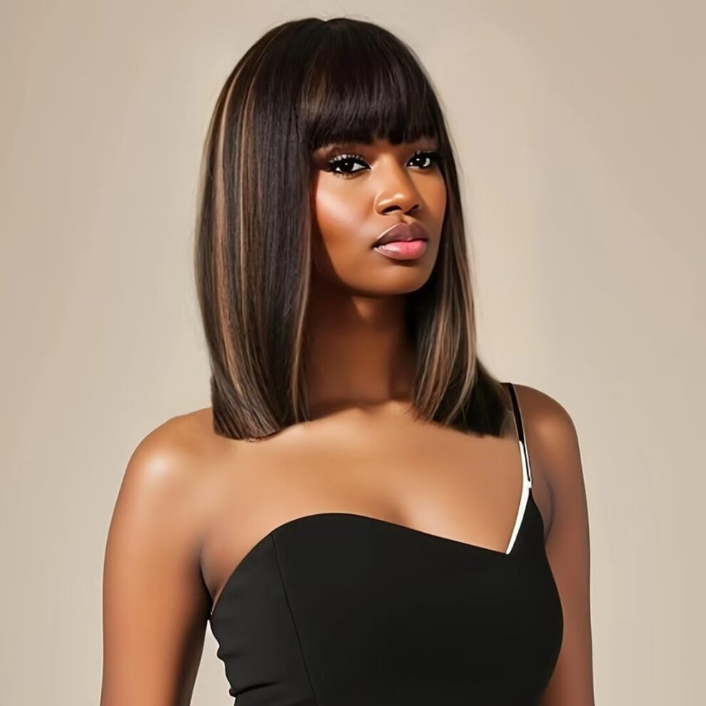 Human Hair Bob Wig with Bangs 1B/27 Ombre Highlight HD Lace Front 12 Inch 150% Density