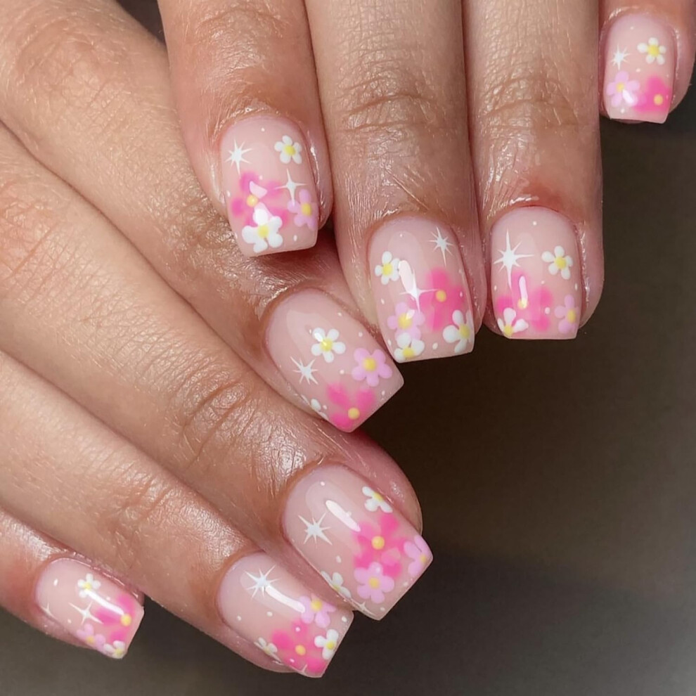 Pink 24Pcs Short Square Press On Nails Glossy Reusable Fake Nails With Adhesive Acrylic Nail Kit