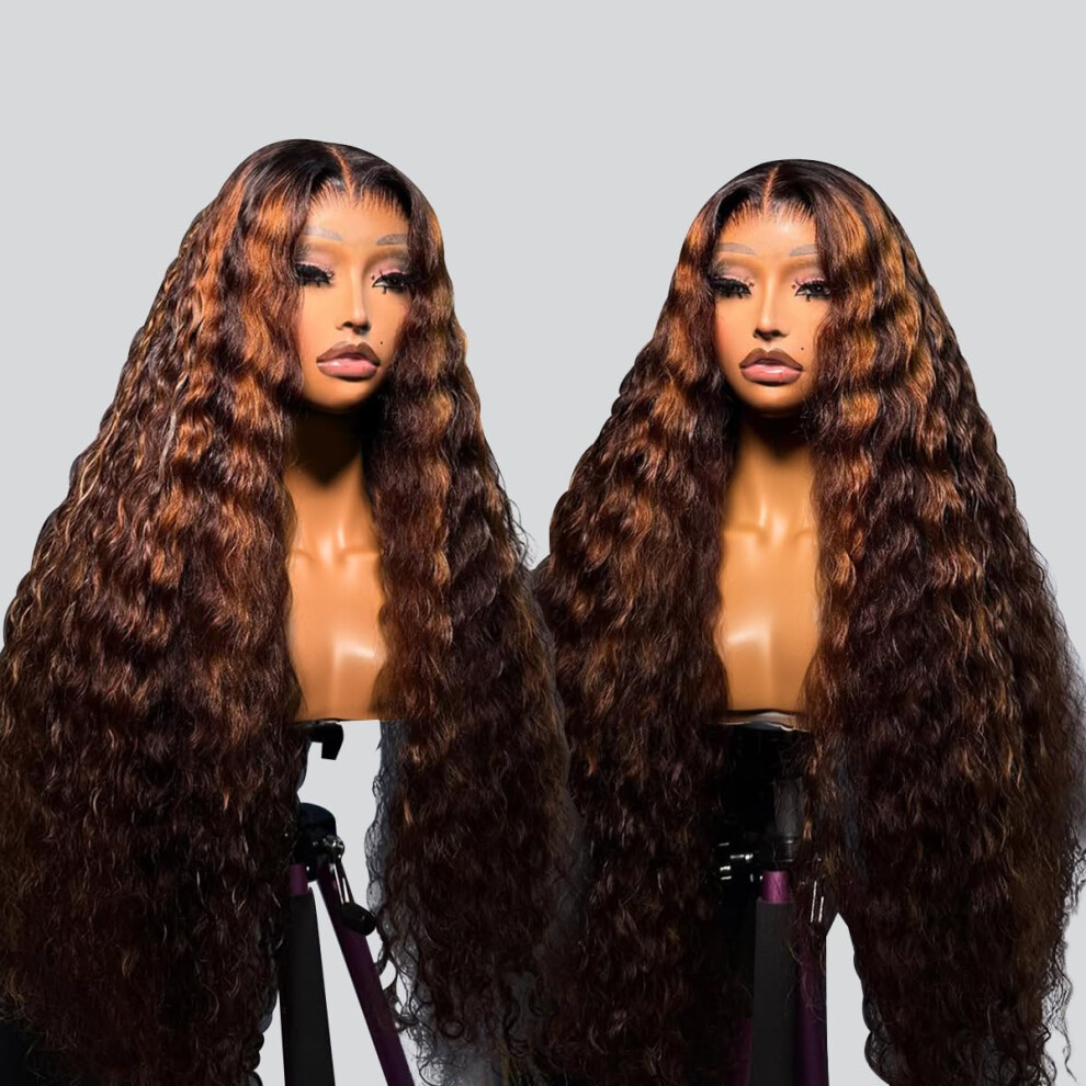 Unisex Brown Synthetic Lace Front Wig Ombre Blonde Wavy Heat Resistant Pre Plucked Glueless Fit