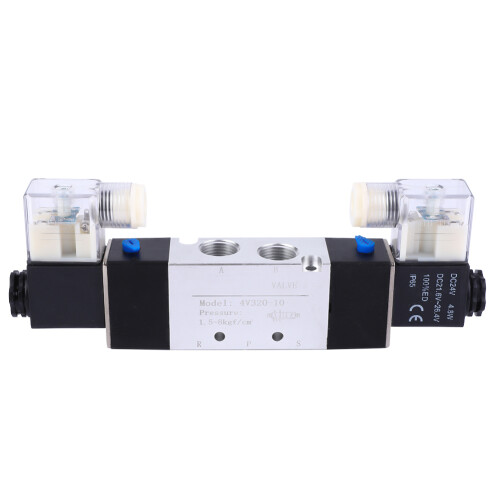 Électrovanne pneumatique 5 voies 3 positions, à double commande électrique et pilotage interne, 24 V CC.