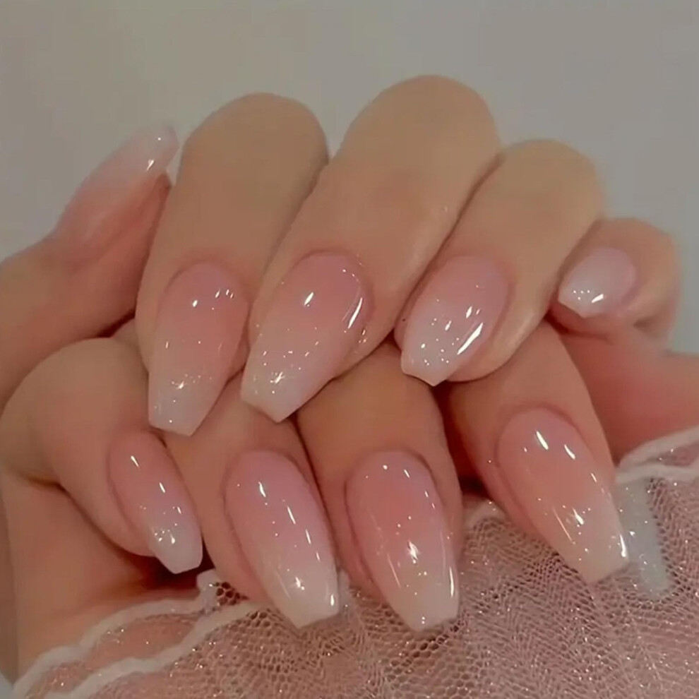 Pink Gradient Coffin Press On Nails Medium Length Acrylic Fake Nails Reusable Salon Look Tips