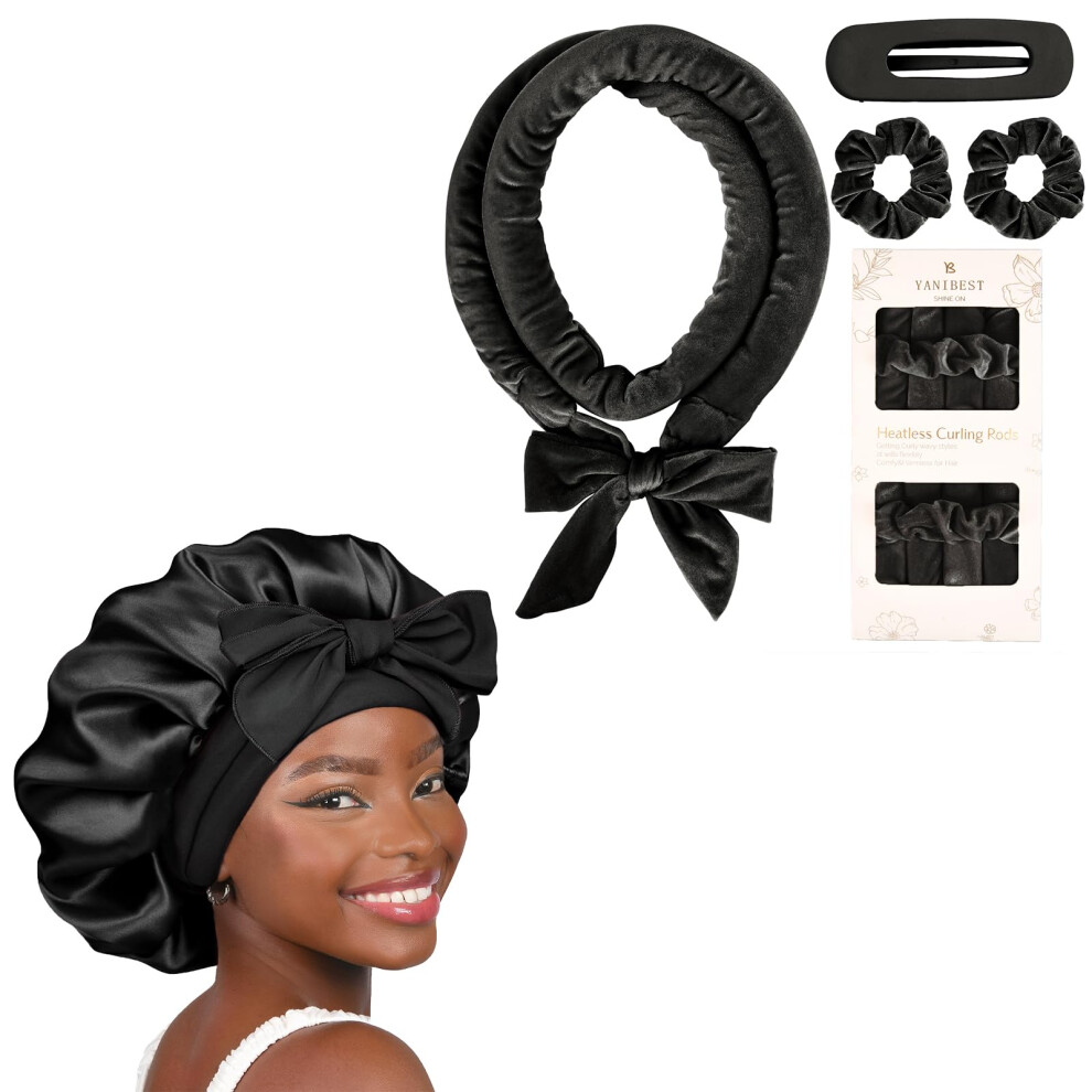 Heatless Curling Rod with Silk Satin Bonnet Overnight No Heat Hair Curler for Long Hair