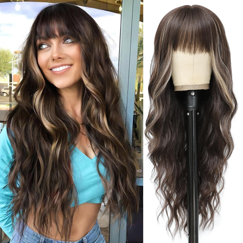 Unisex Dark Long Wavy Synthetic Wig With Bangs, Heatresistant, Blonde Highlight, Adjustable Fit, 24Inch
