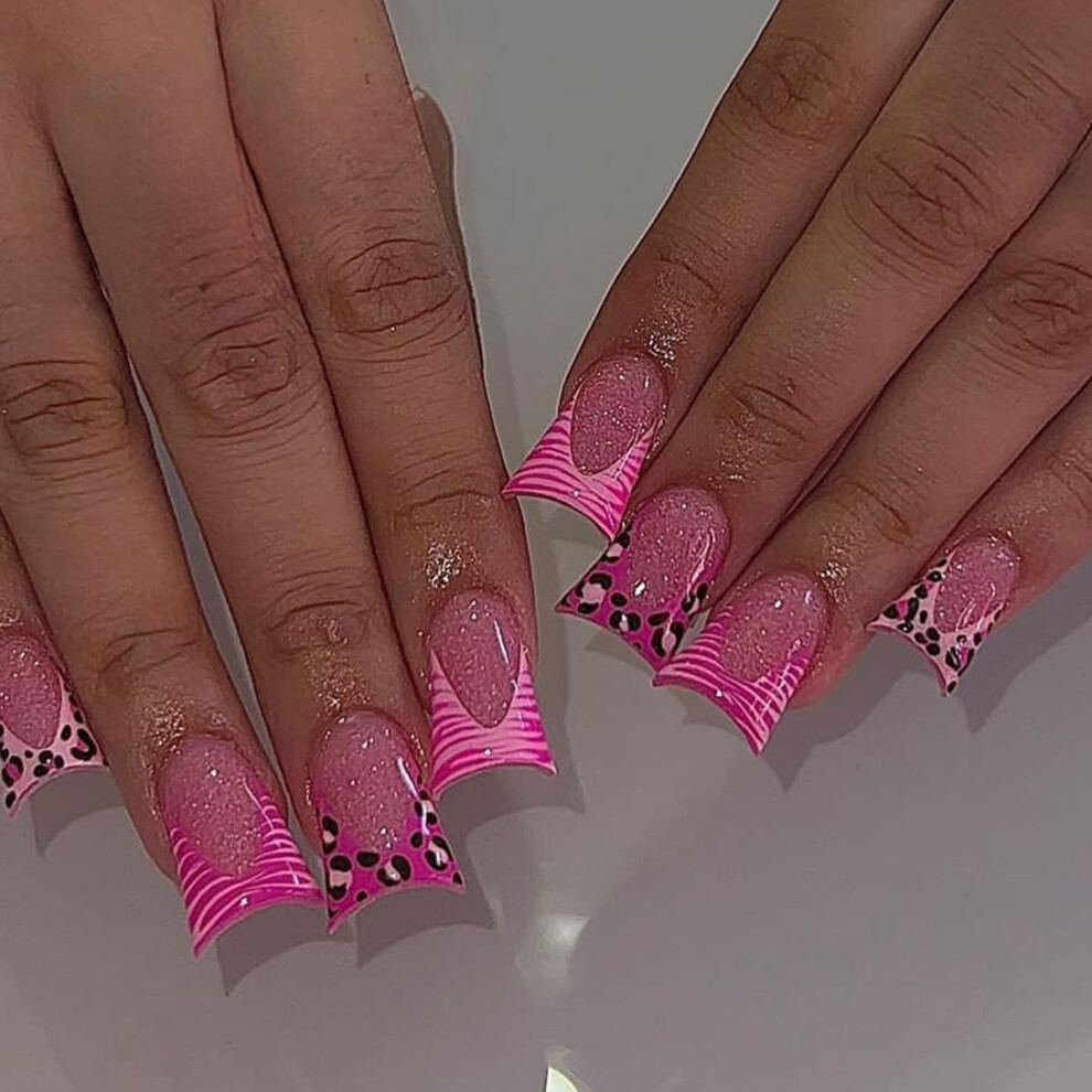 24pcs Medium Duckbill Square Press On Nails French Tip Pink Leopard Acrylic Fake Nails