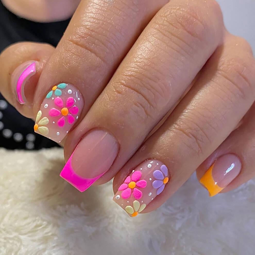 24Pcs Floral French Tip Press on Nails Medium Square Acrylic Fake Nails with Glue