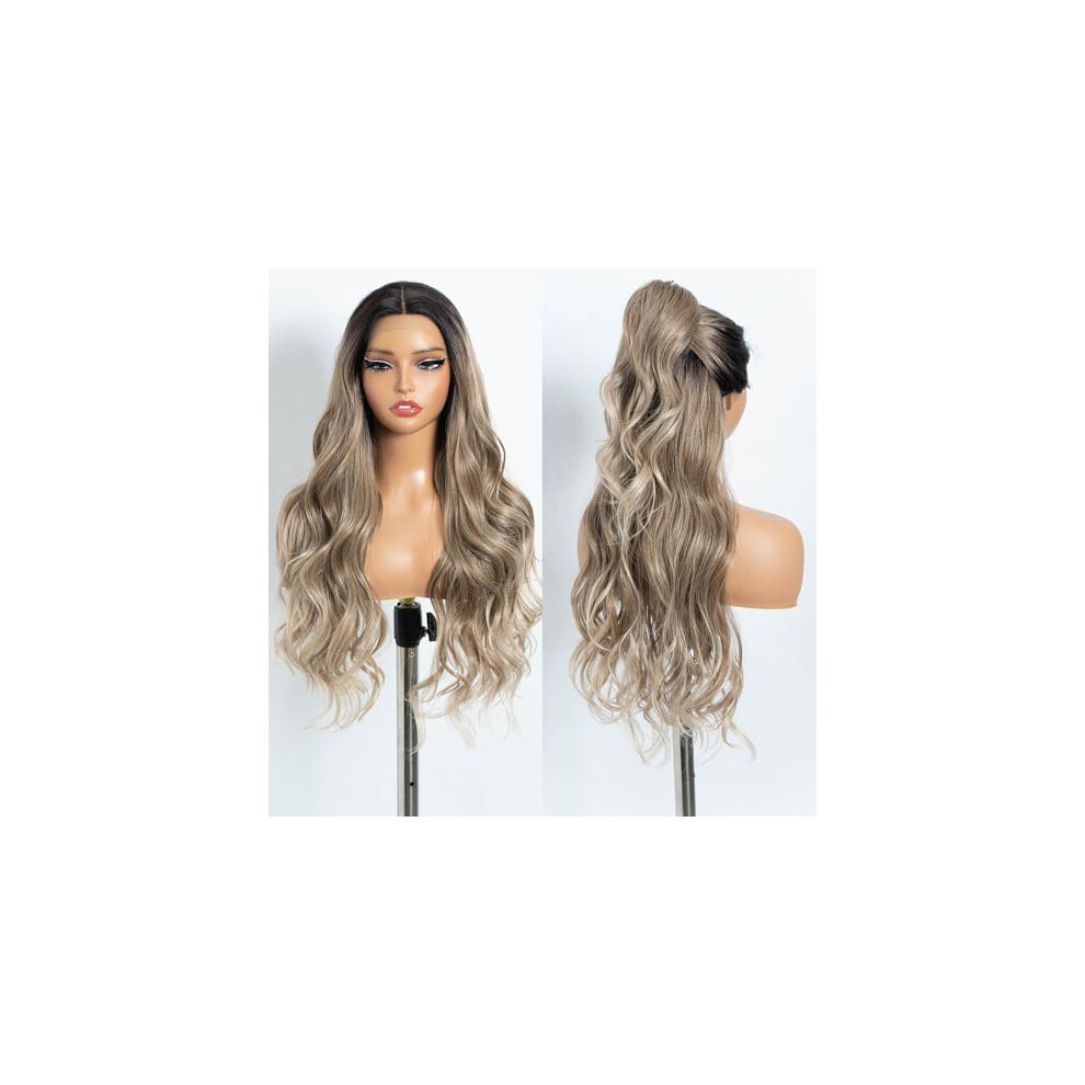 Unisex 30 Inch Ombre Blonde Synthetic Long Wavy Lace Front Wig With Natural Hairline And Heat Resistant Fiber