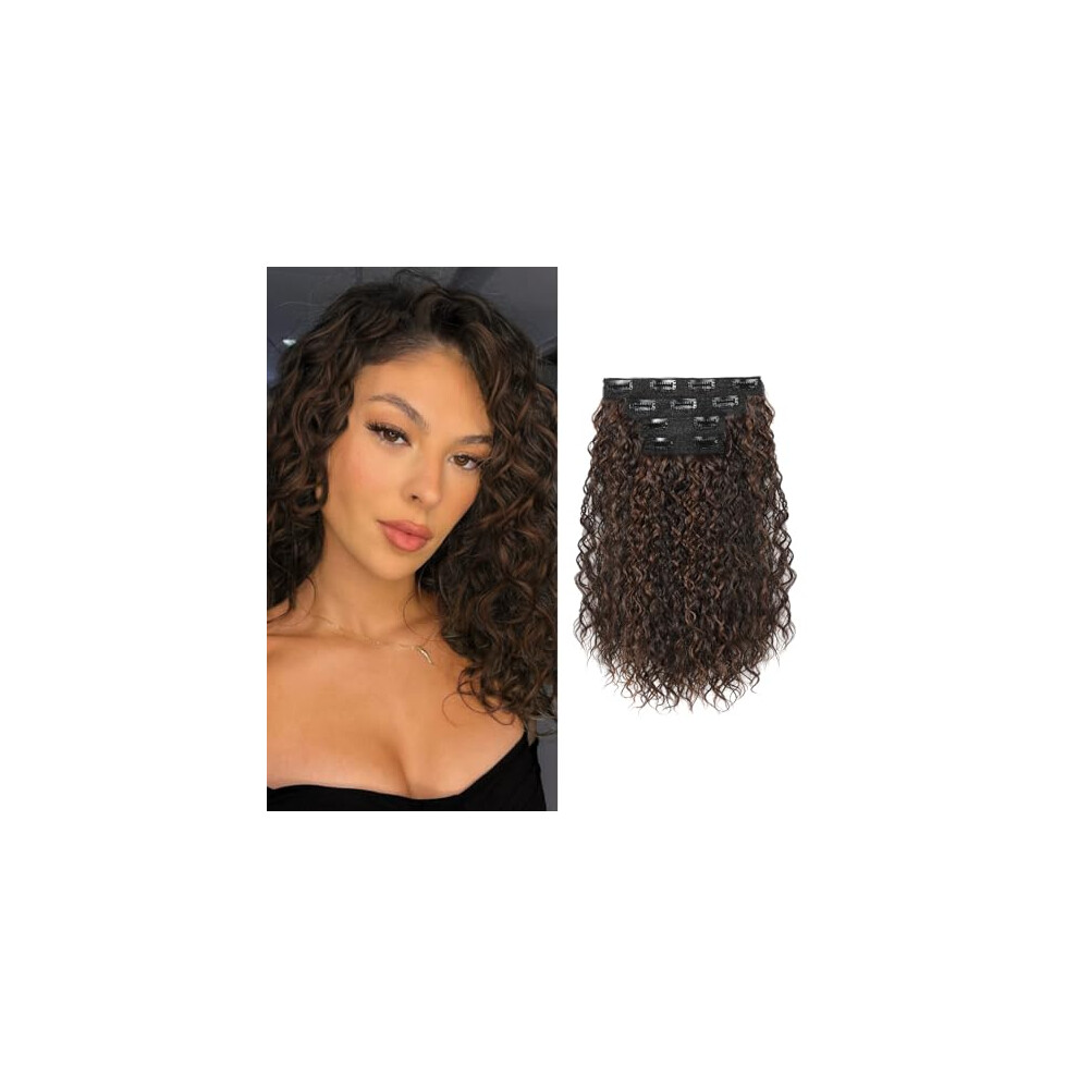 Unisex Red,Brown Clip In Curly Hair Extensions 12 Inch Synthetic Dark Brown With Auburn Highlights, Instant Volume Boost