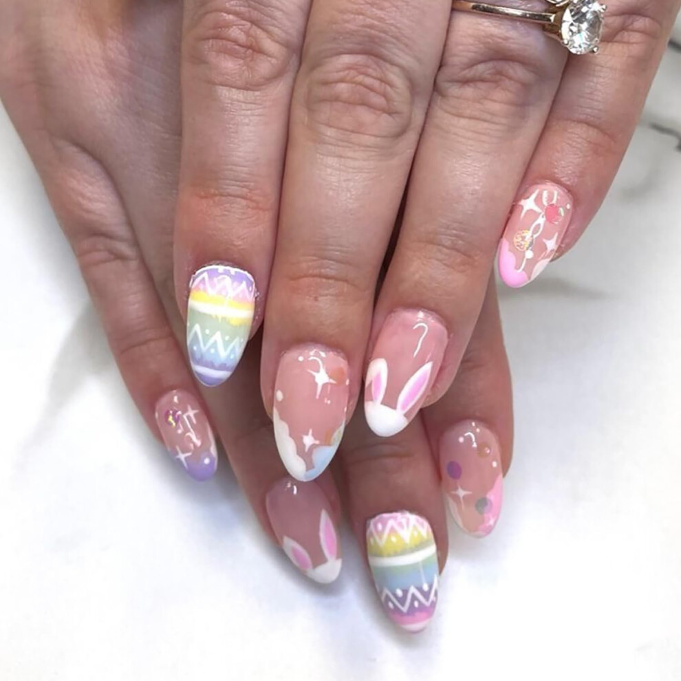 Pink,Cream Easter Press On Nails Medium Almond Nude Pink With Rabbit Ears Glossy Fake Nails For Women