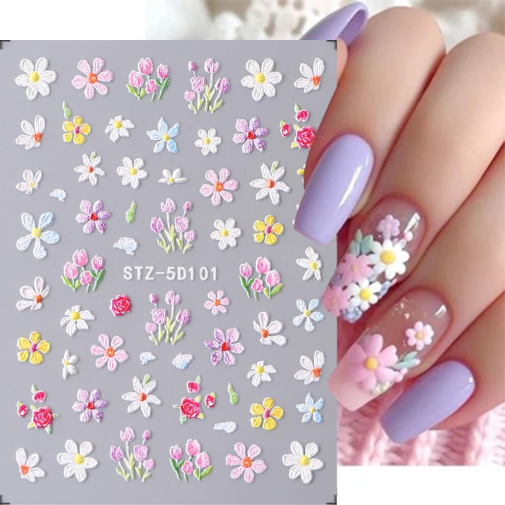 Nail Art Stickers 5D Embossed Floral Spring Daisy SelfAdhesive Decals for Natural or Acrylic Nails (3 Sheets)