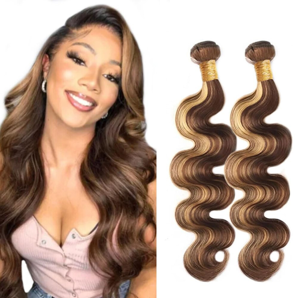 Unisex P4/27 Brazilian Body Wave Human Hair Bundles Honey Blonde Highlight 14 Inch Virgin Extensions