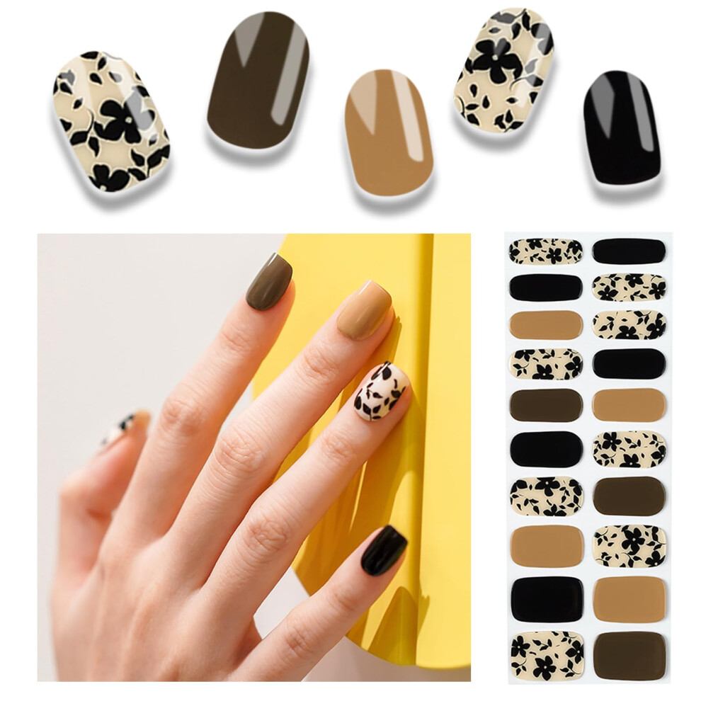 Black,Brown Gel Nail Strips 20Pcs Semi Cured, Black Brown Blossom, Salon Quality Long Lasting Uv Cure