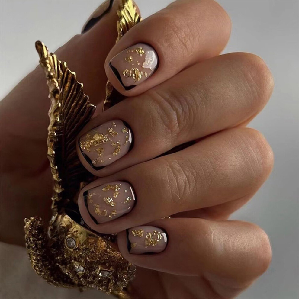 Press On Nails Square Acrylic Fake Nails 24pcs Gold Full Cover for Women Reusable Easy Apply