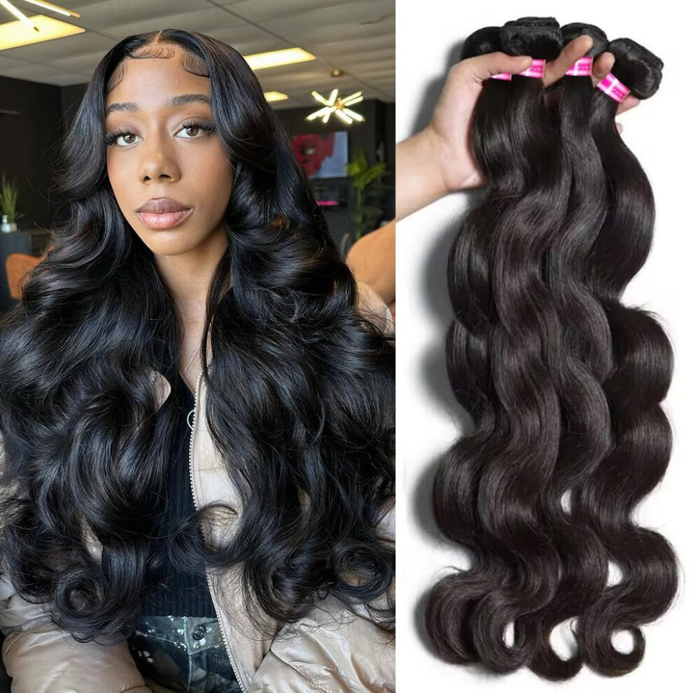 Unisex Black Brazilian Virgin Body Wave Human Hair Bundles 4Pcs 1824 Inch Natural Unprocessed Weave