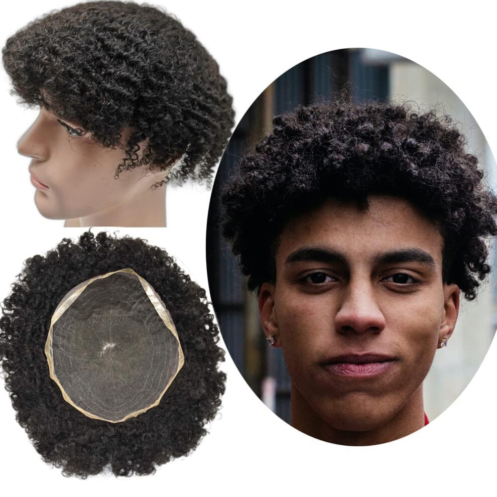 Unisex Brown Afro Mens Toupee Full French Lace 8X10 Human Hairpiece With Undetectable Hairline Dark