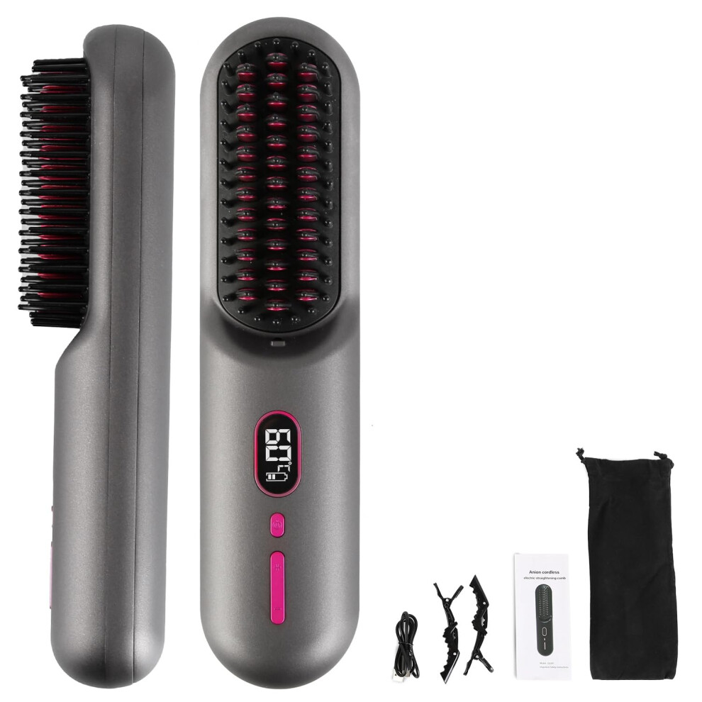 Grey Cordless Ionic Hair Straightener Brush With 12 Temp Settings, Fast Heating Usb Rechargeable