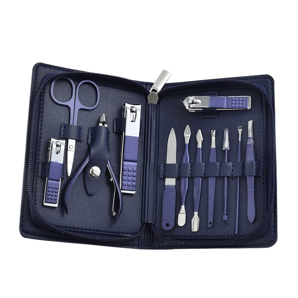 Blue Nail Clippers Set Stainless Steel 12Piece Manicure Grooming Kit With Precision Cutting Blades