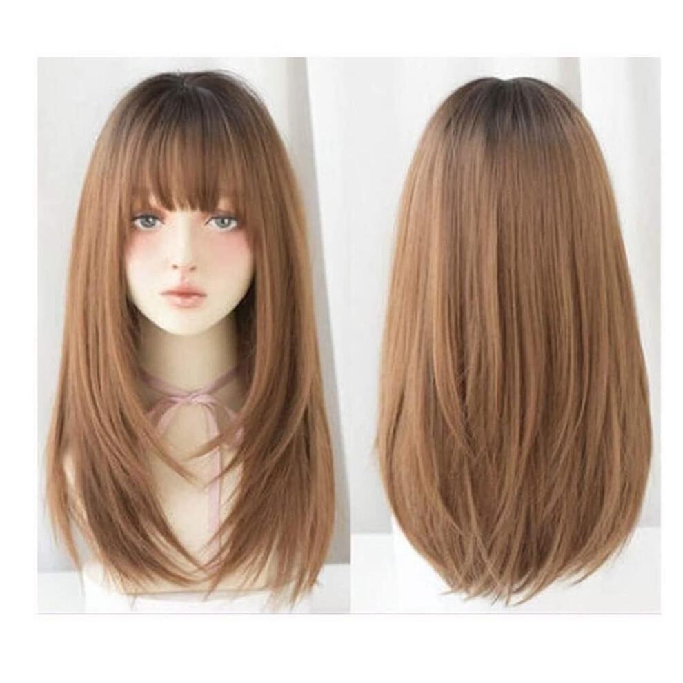 Brown Straight Wig with Bangs Heat Resistant Fiber Long Cosplay Style for Women