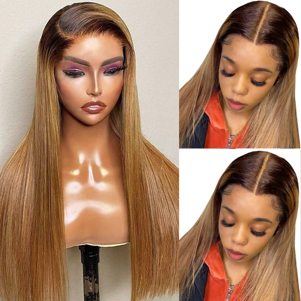Unisex Brown Human Hair Lace Front Wig 13X6 Hd Lace Honey Blonde Ombre Roots Pre Plucked Glueless 24 Inch