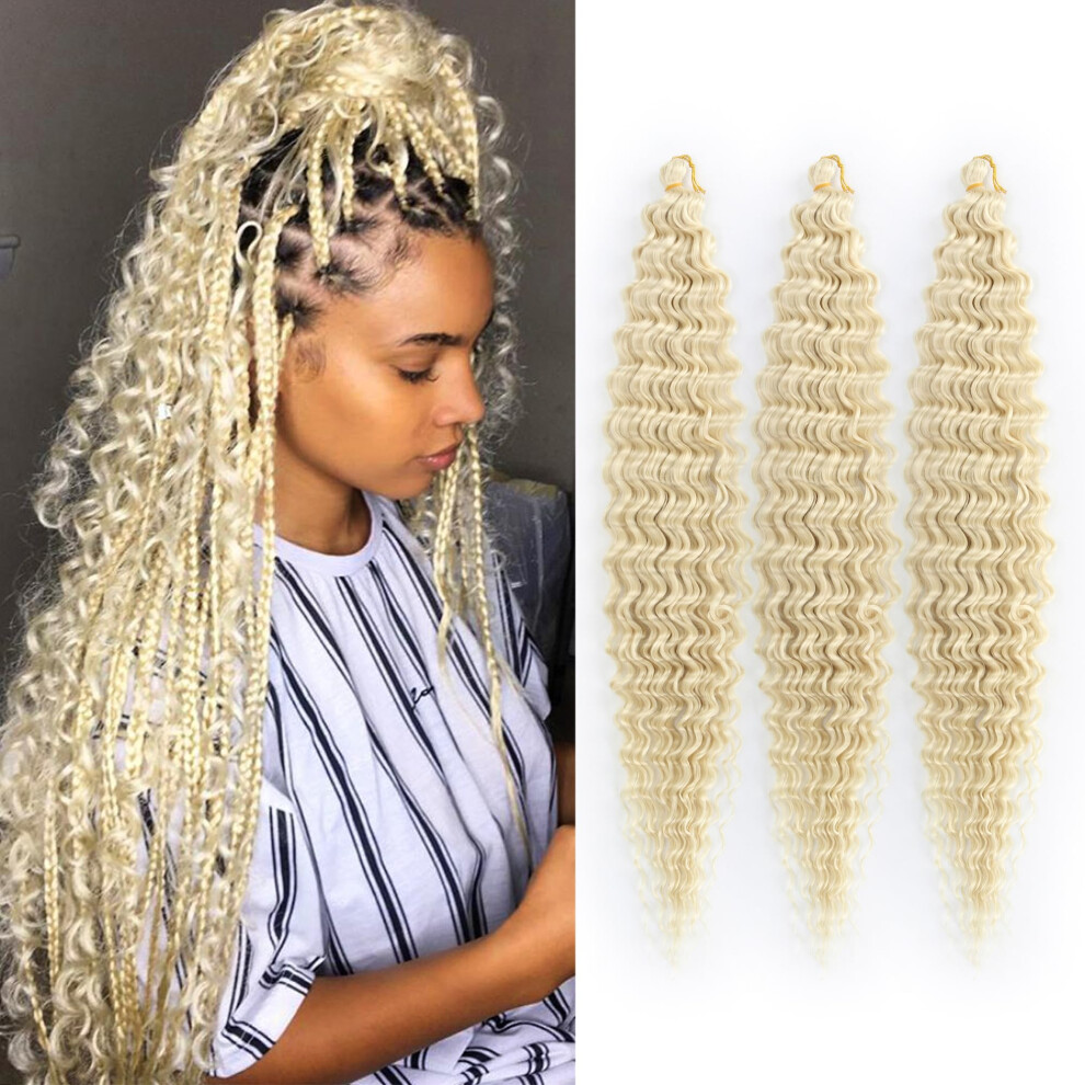 Unisex Black 30 Inch Deep Wave Crochet Hair Extensions 3 Pack Synthetic Ocean Wave Braiding Hair 613 Blonde