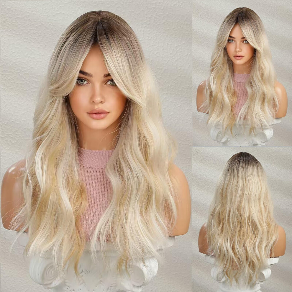 Unisex Black Long Blonde Wavy Wigs For Women 26 Inch Ombre Synthetic Wig With Roots Natural Hairline