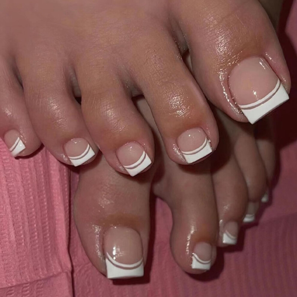 White French Tip Press On Toenails Short Square Glossy Acrylic Fake Nails Instant Salon Pedicure 24Pcs
